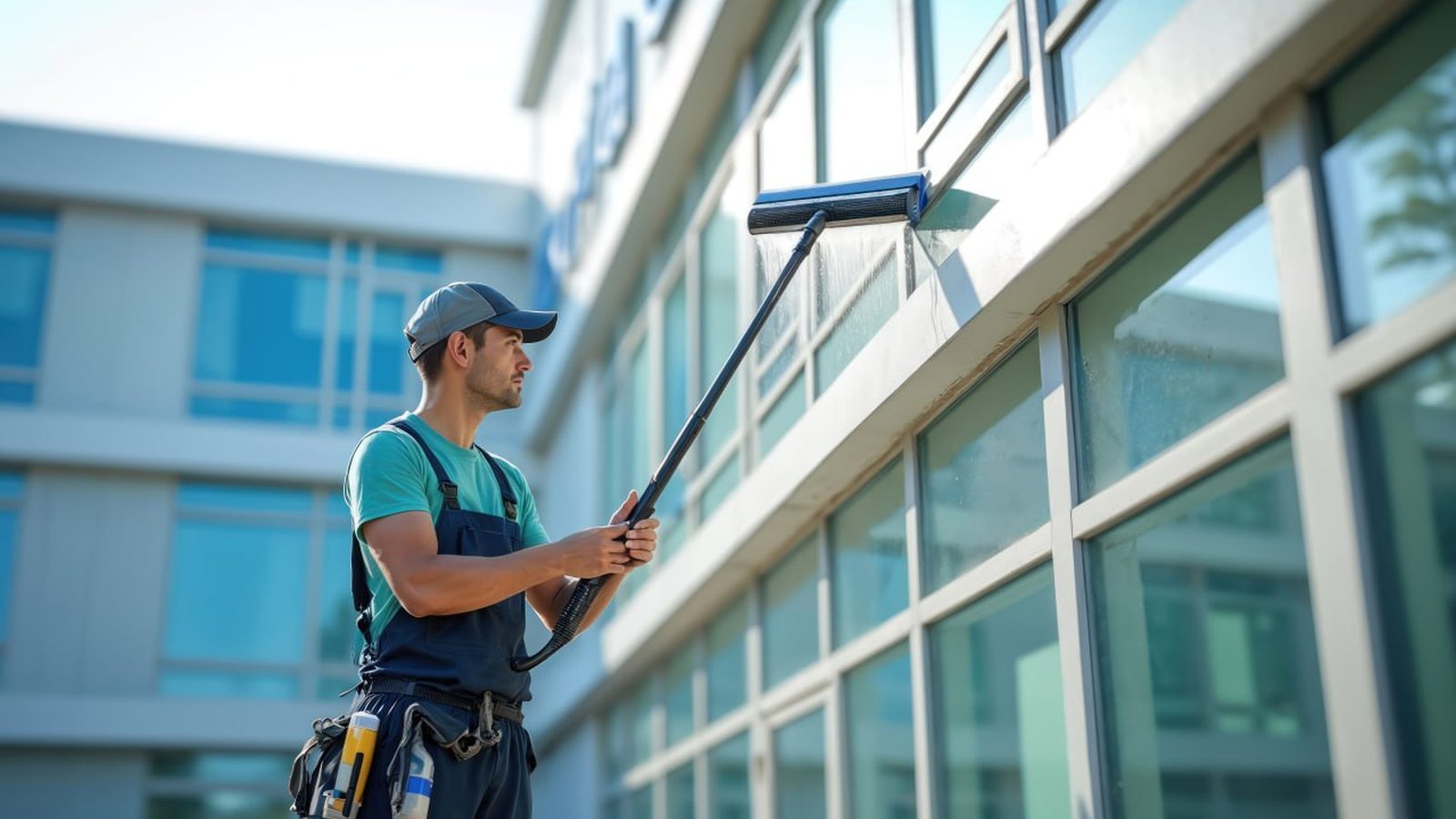 Glasreiniger mit Teleskopstange an einer Fassade